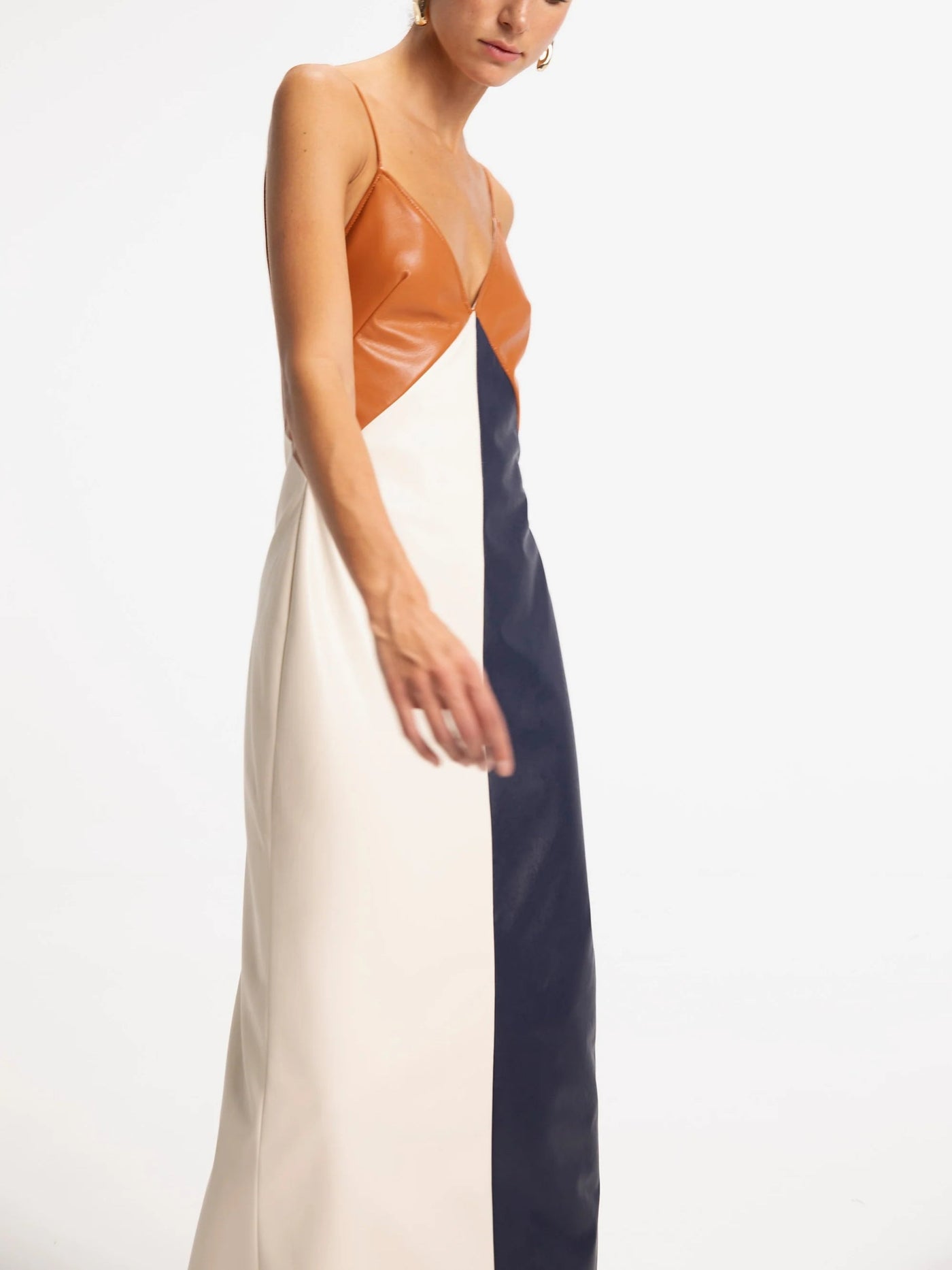 Leathe Colorblocks Deep V-Neckline Maxi Dress