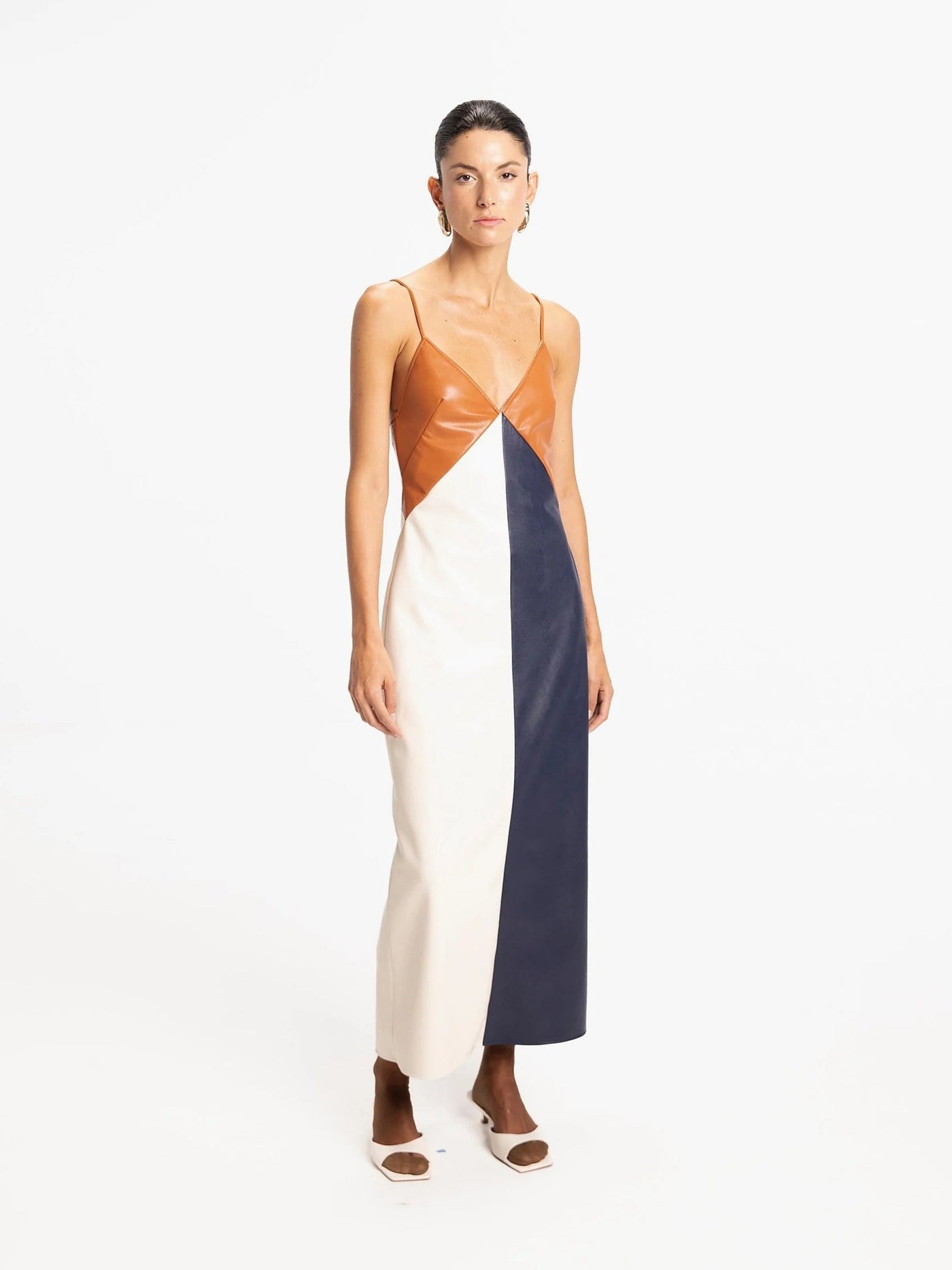 Leathe Colorblocks Deep V-Neckline Maxi Dress