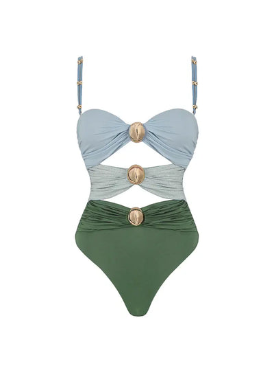Morandi Green Colorblock High-Waist Swimsuit Set