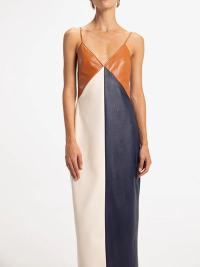 Leathe Colorblocks Deep V-Neckline Maxi Dress