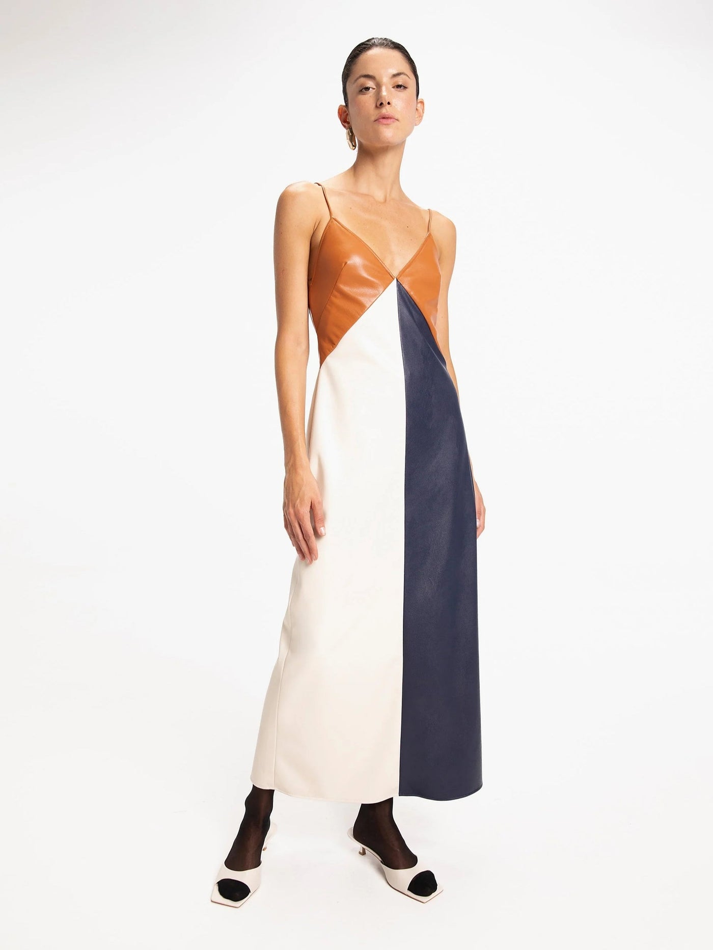 Leathe Colorblocks Deep V-Neckline Maxi Dress