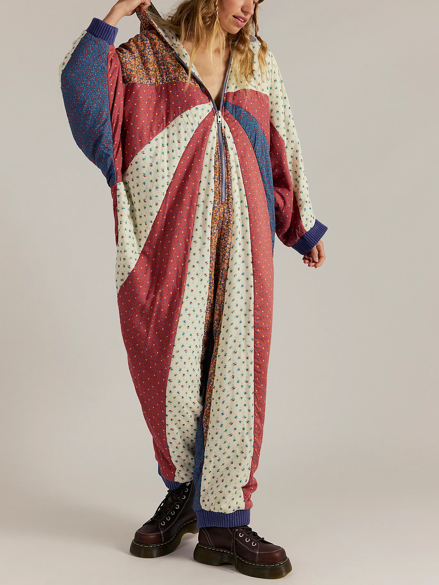 Patchwork Floral Print Hooded Jumpsuit