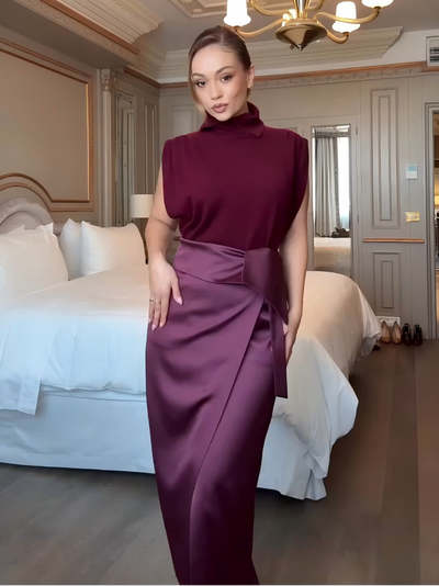 Merlot Knit Top Satin Skirt Set