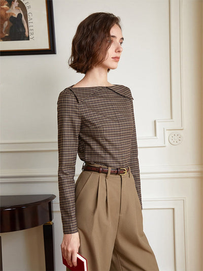 French Vintage Off-Shoulder Plaid Blouse