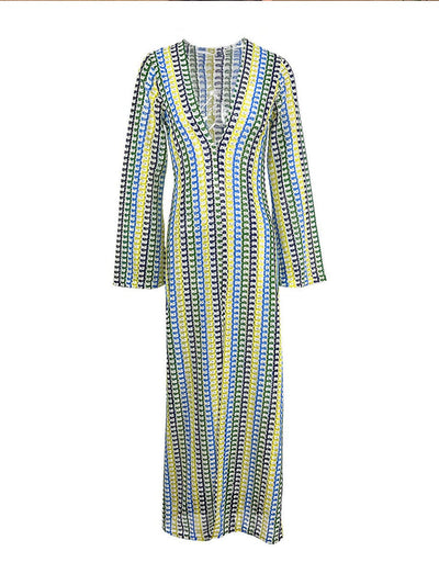 Boho V Neck Bell Sleeve Wavy Striped Crochet Beach Vacation Maxi Dress - Yellow