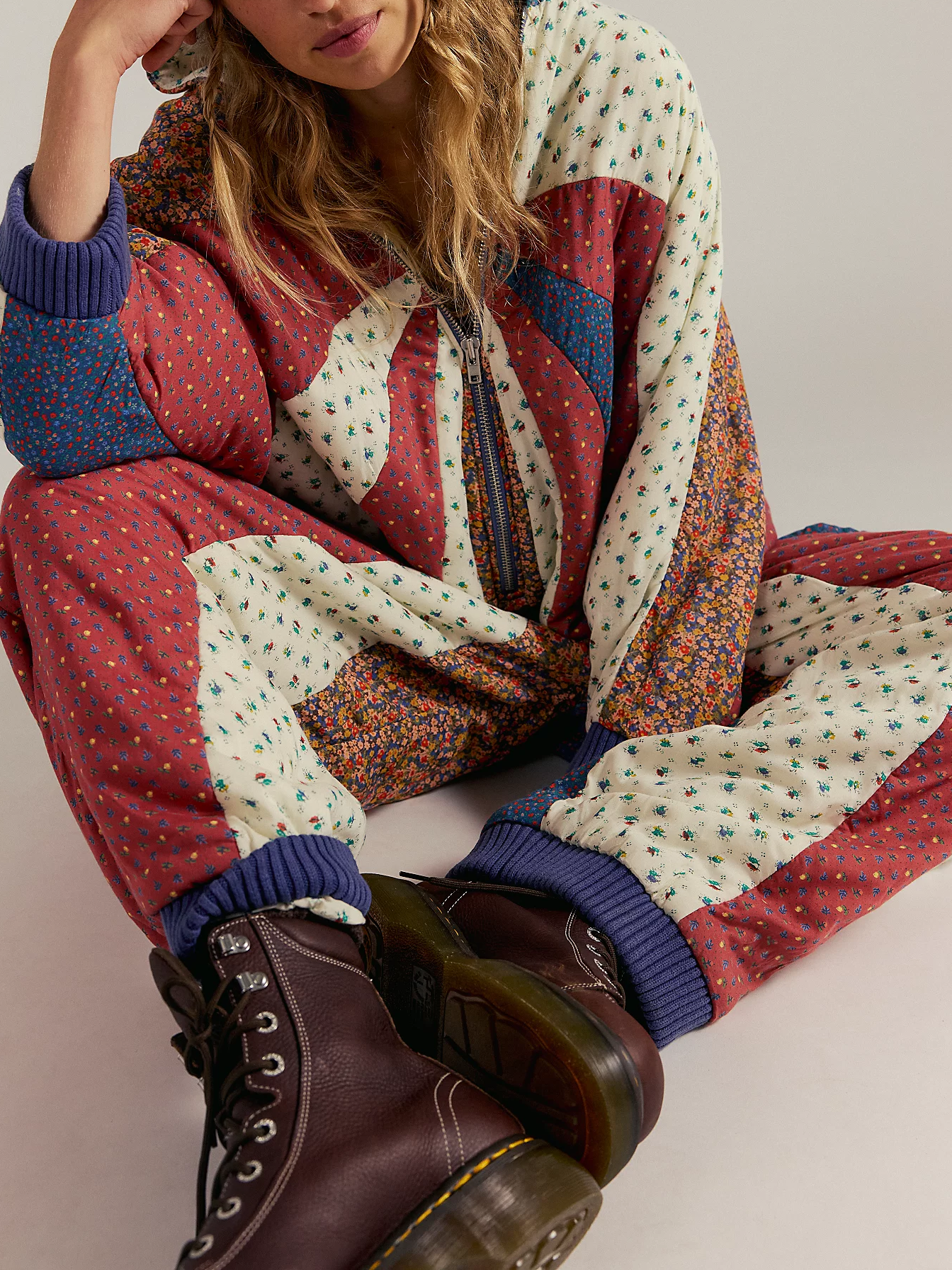 Patchwork Floral Print Hooded Jumpsuit