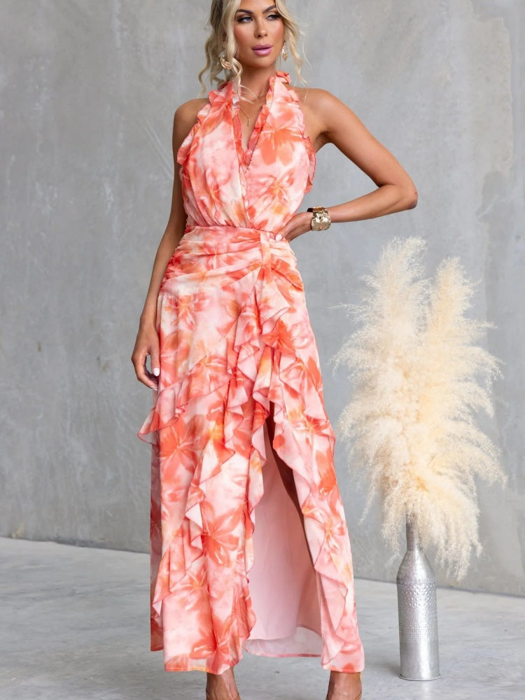 Floral V-Back Slit Halter Dress
