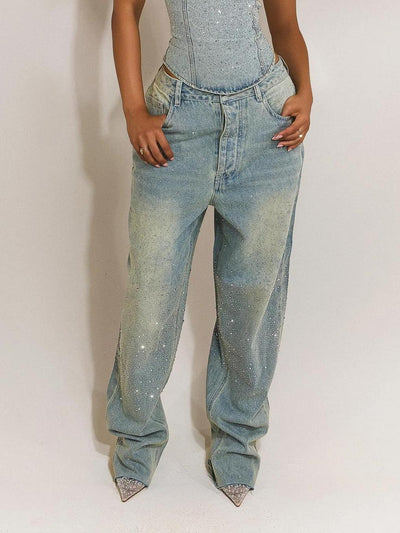 Rhinestone Embellished Denim Pants Set