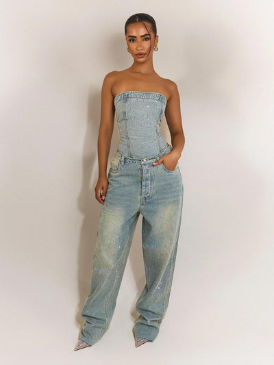 Rhinestone Embellished Denim Pants Set