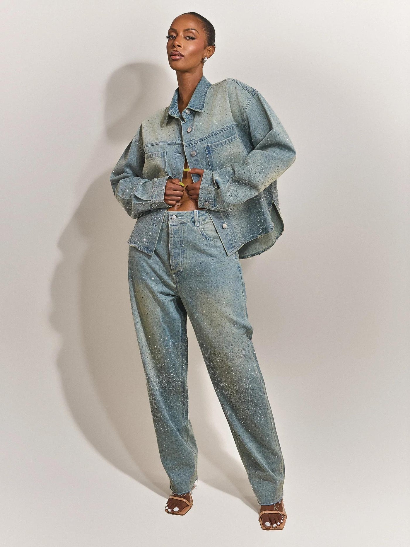 Rhinestone Embellished Denim Pants Set