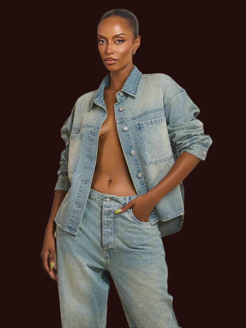 Rhinestone Embellished Denim Pants Set