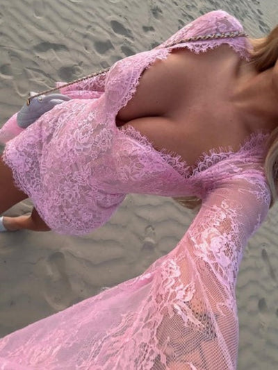 Whispers of Blush Lace Bell-Sleeve Mini Dress