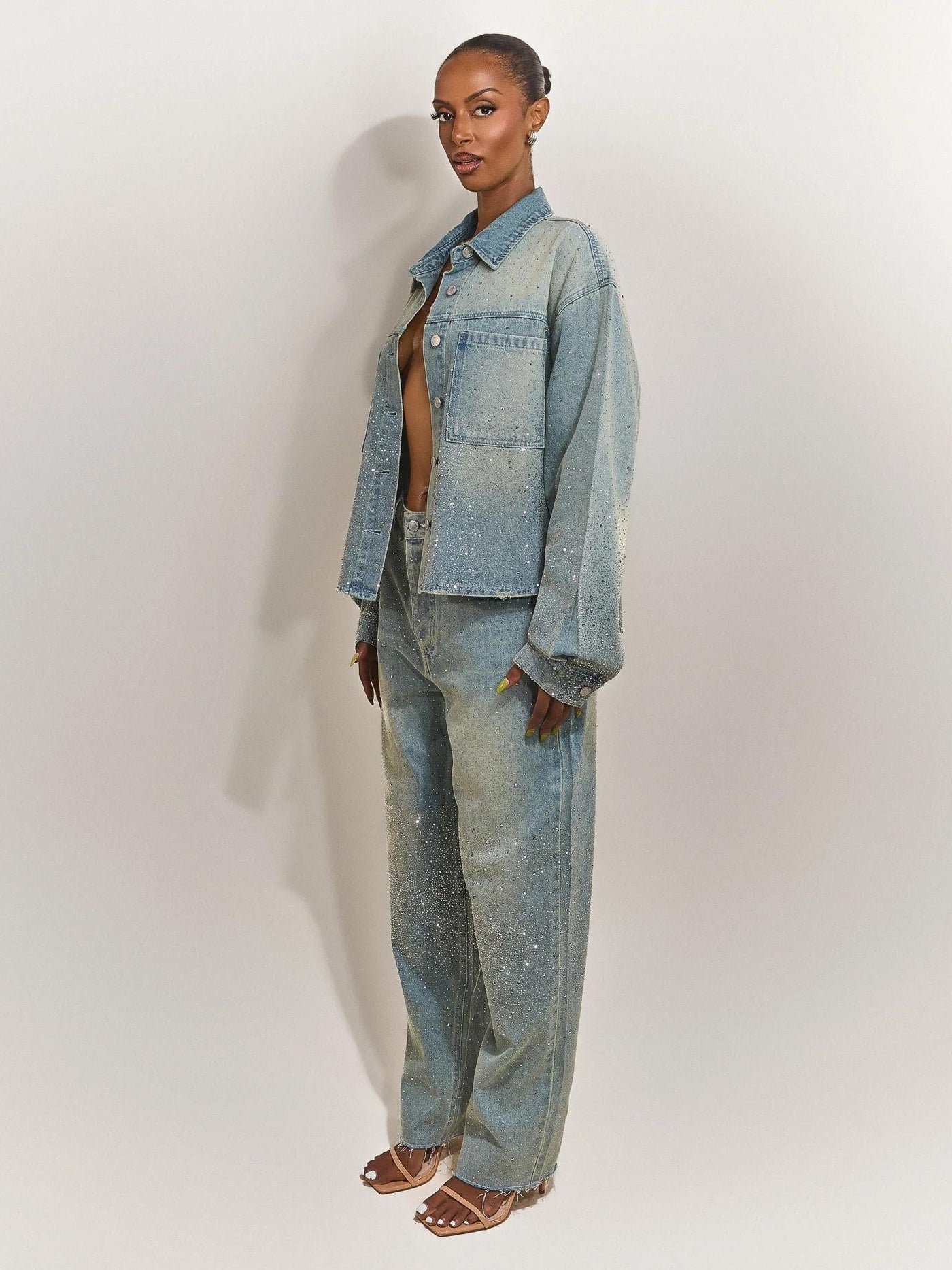 Rhinestone Embellished Denim Pants Set