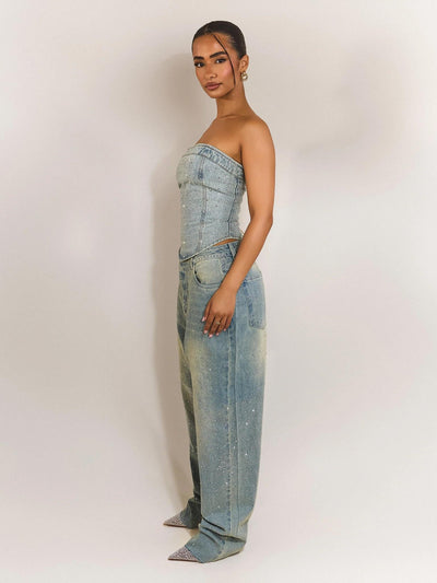 Rhinestone Embellished Denim Pants Set