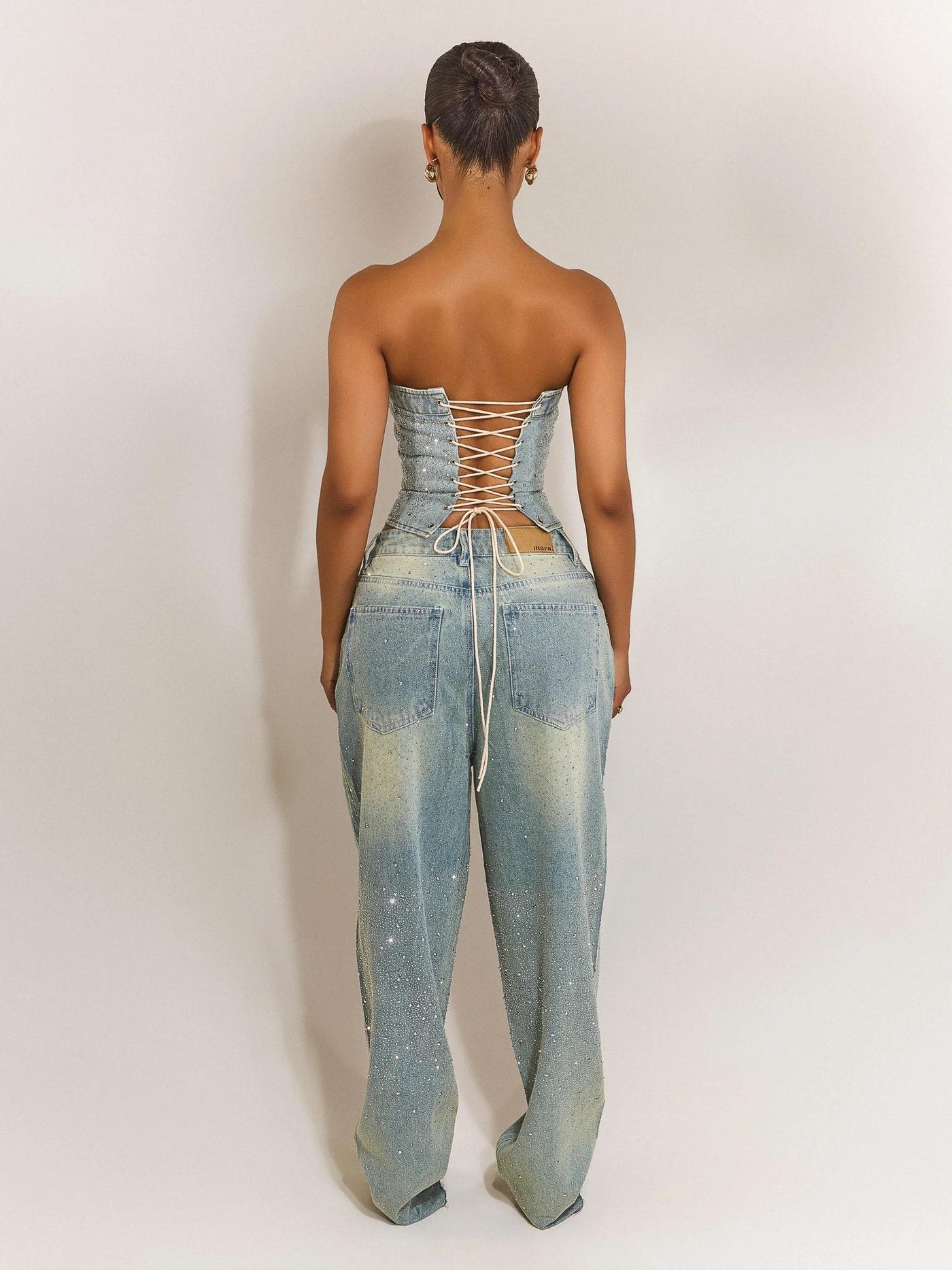 Rhinestone Embellished Denim Pants Set