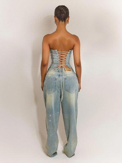 Rhinestone Embellished Denim Pants Set