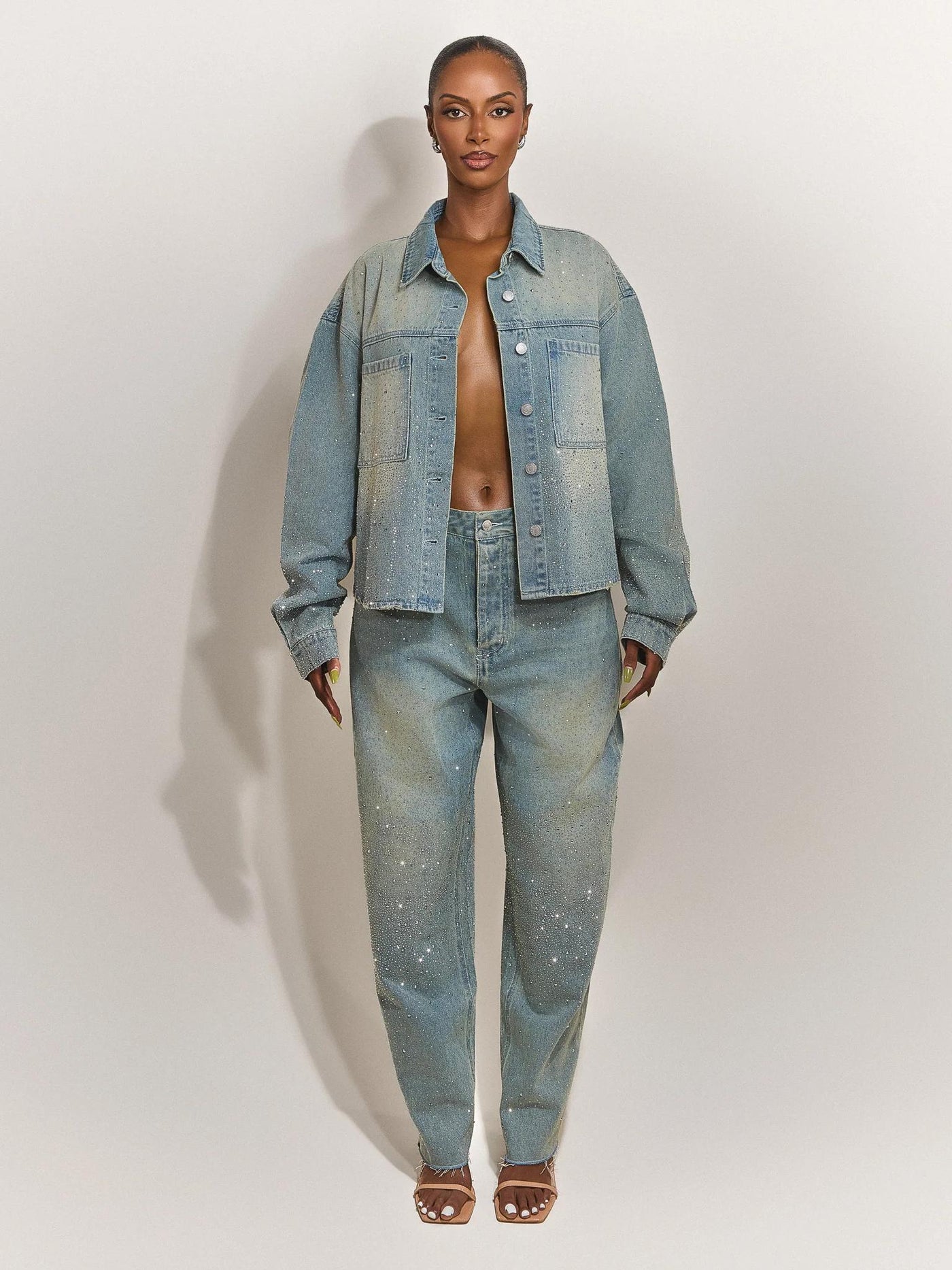 Rhinestone Embellished Denim Pants Set