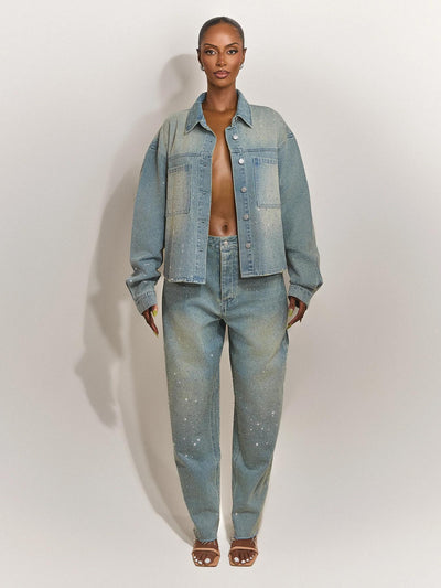 Rhinestone Embellished Denim Pants Set