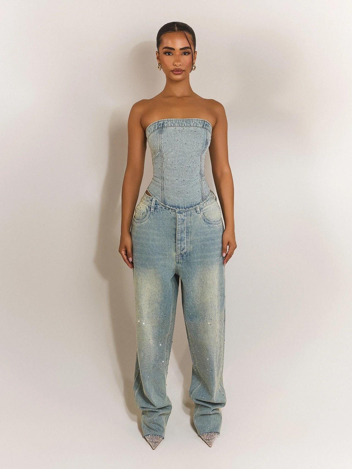 Rhinestone Embellished Denim Pants Set