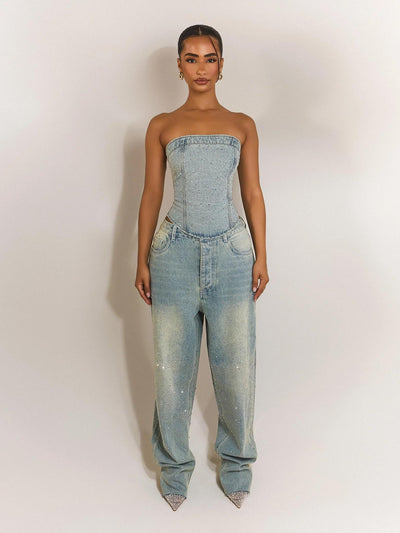 Rhinestone Embellished Denim Pants Set
