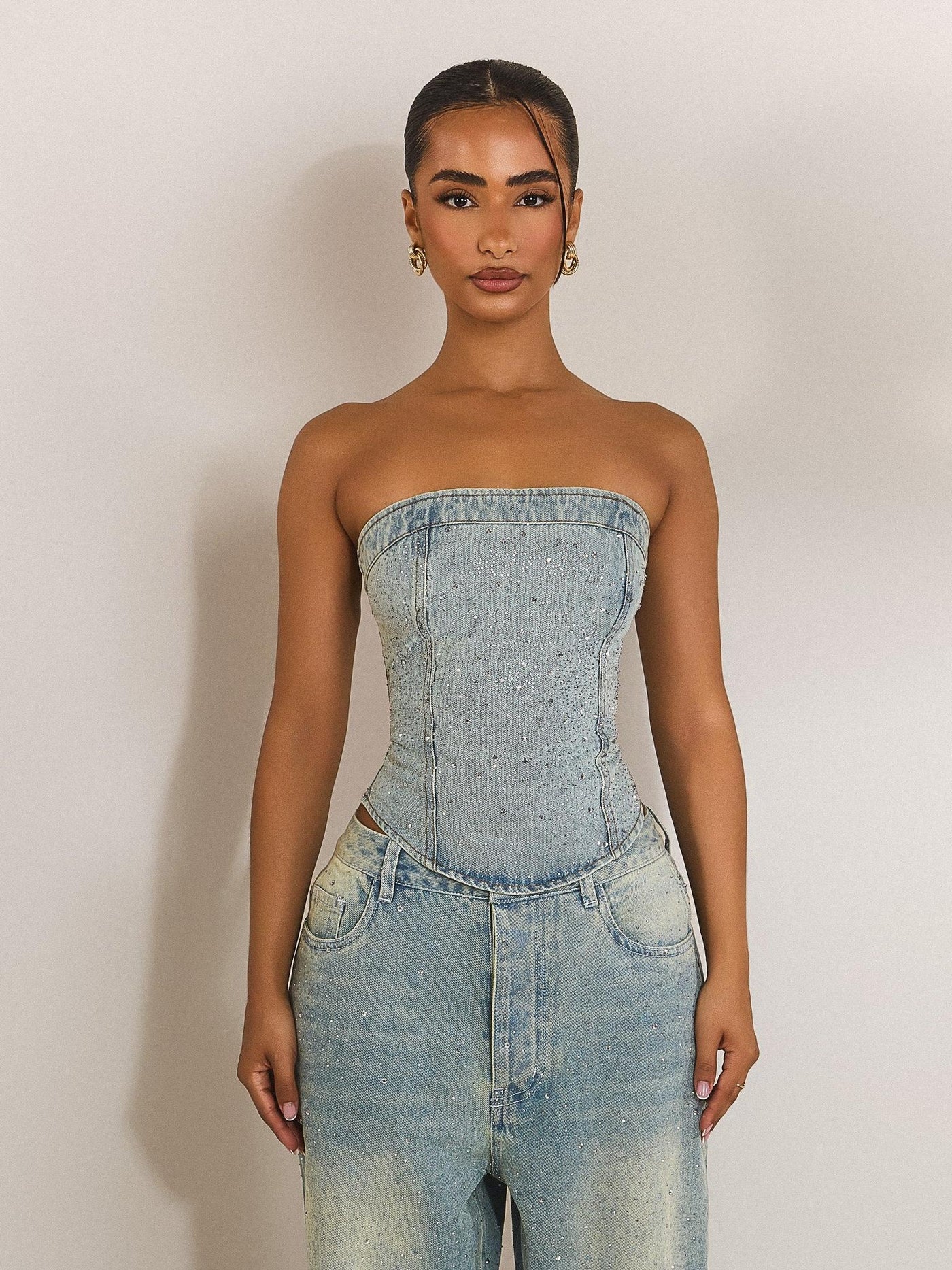 Rhinestone Embellished Denim Pants Set