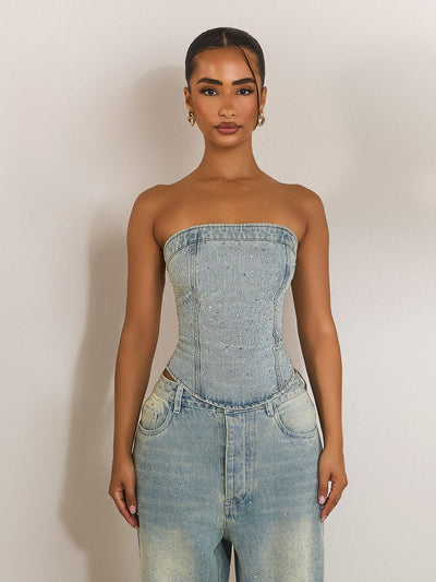 Rhinestone Embellished Denim Pants Set